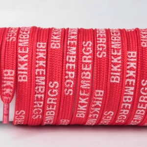 Шнурок плоский червоний з написом BIKKEMBERGS білим, ширина 10мм.  довжина 120см.