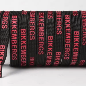 Шнурок плоский чорний з написом BIKKEMBERGS червоним, ширина 10мм.  довжина 120см.