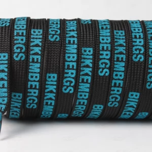 Шнурок плоский чорний з написом BIKKEMBERGS синім, ширина 10мм.  довжина 120см.