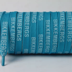 Шнурок плоский блакитний з написом BIKKEMBERGS білим, ширина 10мм.  довжина 120см.