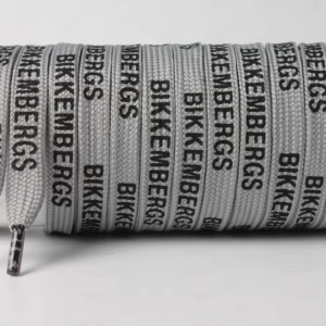 Шнурок плоский сірий з написом BIKKEMBERGS чорним, ширина 10мм.  довжина 120см.