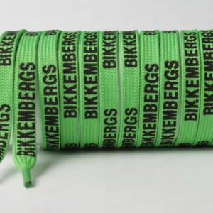 Шнурок плоский зелений з написом BIKKEMBERGS чорним, ширина 10мм.  довжина 120см.
